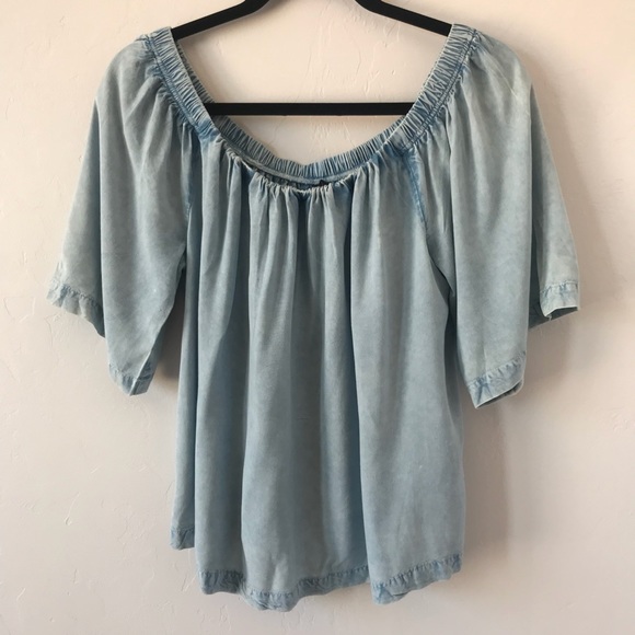 D&Kade Tops - D&Kade Acid Wash Chambray Off the Shoulder Blouse